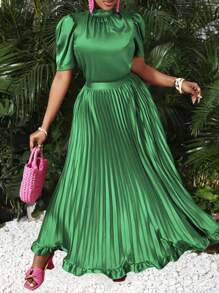 Slaydiva Elegant Commute Puff Sleeve & Pleated Skirt Suit - Green - View 1