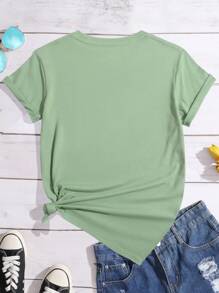 SHEIN LUNE 夏季花卉蝴蝶心形圖案印花休閒圓領t恤 - 橄欖綠 - 查看 2