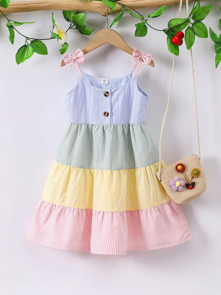 SHEIN Váy xếp lớp dây đeo spaghetti sọc màu thường ngày cho cô gái trẻ cho mùa hè - Nhiều màu - Xem 6