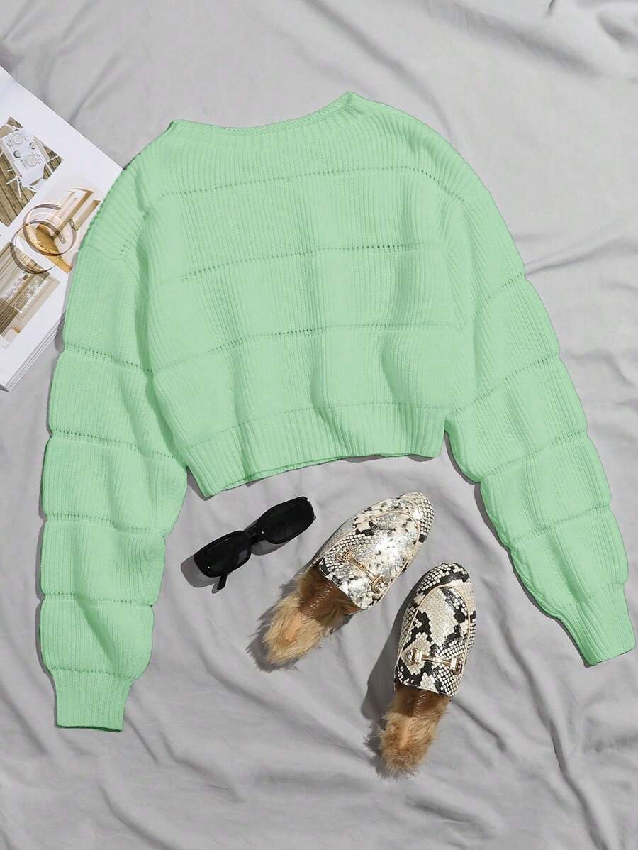 SHEIN Essnce Màu thuần Vòng cổ Lỏng lẻo phù hợp Áo chui đầu Áo len Với Thả vai Cho mùa xuân - màu xanh lá - Xem 1