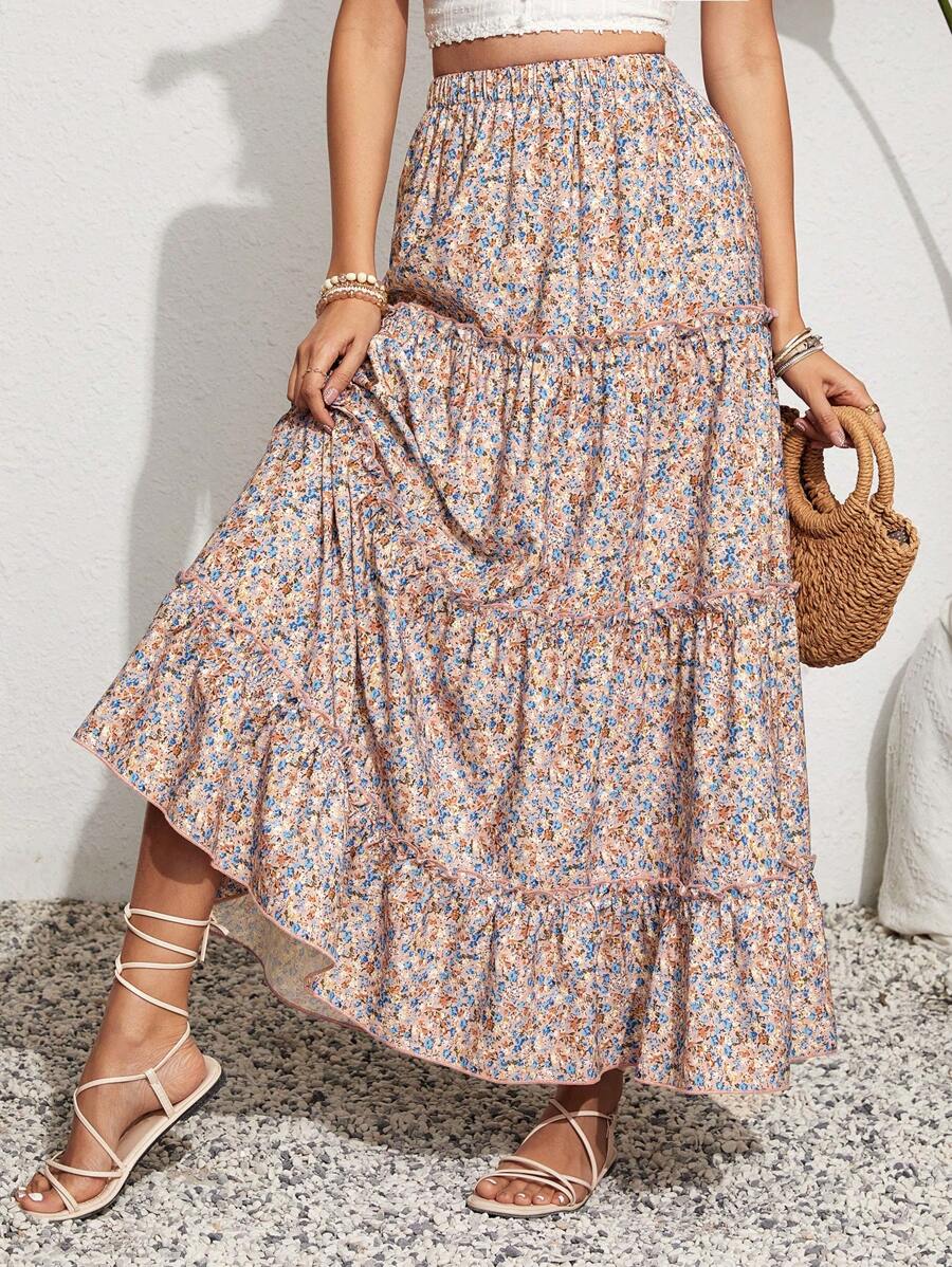 SHEIN VCAY Women's Ditsy Floral Long Skirt For Holiday - Multicolor - View 1