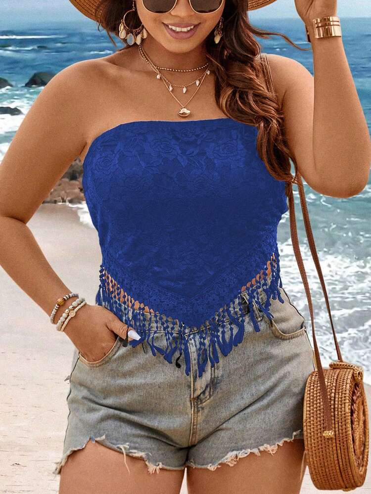 Plus Size Summer Casual Strapless Top With Fringe Hem