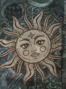 ROMWE PUNK Sun & Moon Print Tie Front Lettuce Trim Mesh Top - Multicolor - View 3