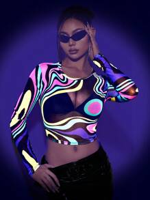 SHEIN ICON Women's Y2k Music Festival Spring Outfits Rave Outfits Sheer Striped Print Long Sleeve Top - Multicolor - View 1