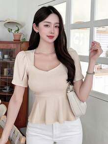 DAZY 女式夏季短袖系帶空心上衣,配有荷葉邊 - 杏色 - 查看 5