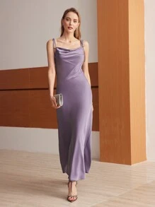 MOTF PREMIUM SATIN BOWKNOT SHOULDER STRAPS SLIP DRESS - Purple - View 6