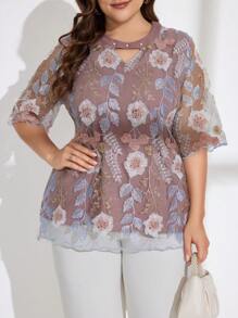 EMERY ROSE 大碼夏季上衣,具有花卉刺繡和鑲嵌鑰孔領口 - 綠色 - 查看 5