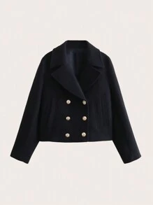 Lapel Double-Breasted Overcoat - Navy Blue - View 2