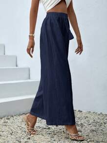 SHEIN VCAY 女士夏季度假花卉印花宽松阔腿女裤长裤 - 藏蓝色 - 查看 5