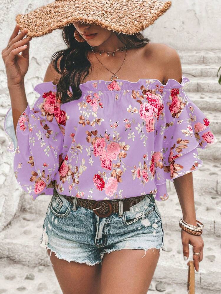 Floral Printed Off Shoulder Summer Holiday Casual Blouse