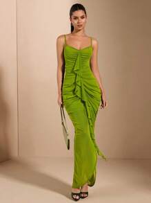 SHEIN BAE 女性性感優雅的褶邊長款背心連衣裙,緊身罩杯和前褶皺細節 - 綠色 - 查看 5