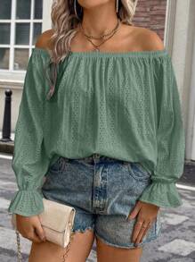 SHEIN Clasi Plus Size Kỳ nghỉ Màu trơn Áo thun thêu lệch vai - màu xanh lá - Xem 5