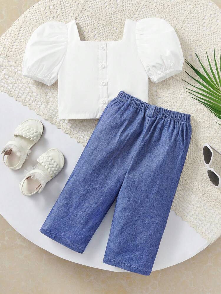 Baby Girl Casual Summer White Princess Sleeve Top And Color-Block Long Pants Set