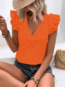 Breezaya 女士夏季荷叶袖刺绣衬衫