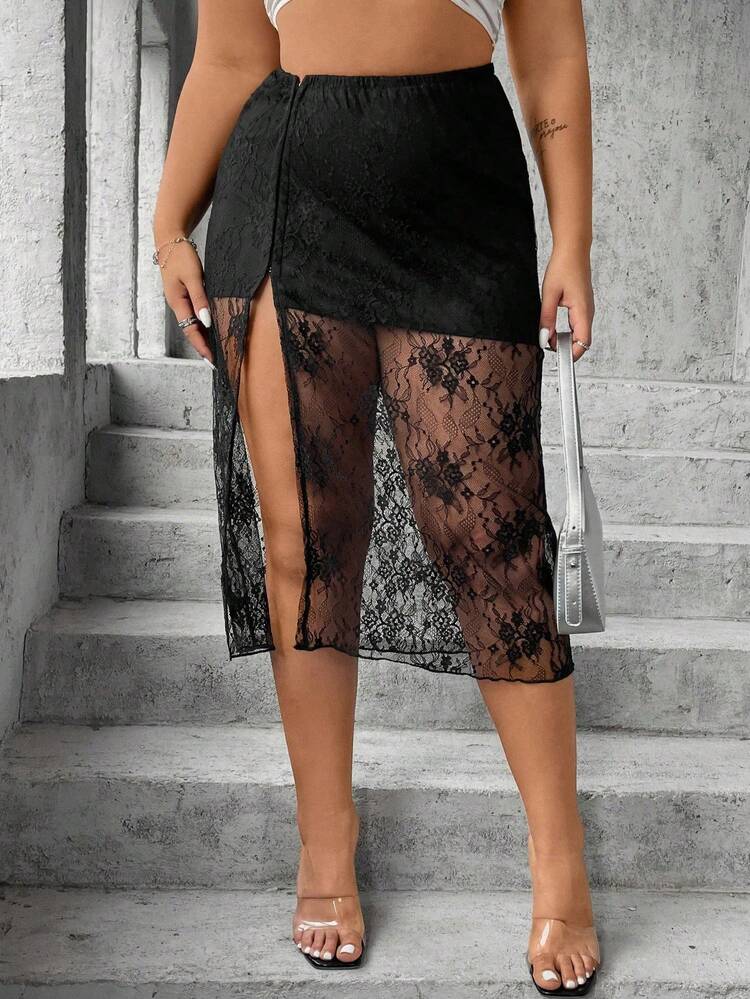 Solid Color Lace Splice Slit Skirt Fall Cloth For Women