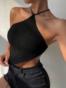 Chiquease Mouwloze gebreide top met textuur, casual dagelijkse kleding, asymmetrische zoom, spaghettibandjes, kort model, lente en zomer