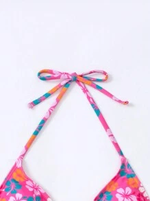 SHEIN Swim Summer Beach Floral Print Halter Bikini Top - Hot Pink - View 3