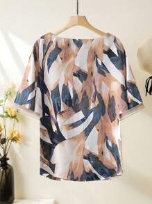 EMERY ROSE 大尺碼女士夏季植物印花v領短袖上衣和褲子套裝,適合休閒寬鬆穿著 - 彩色 - 查看 3