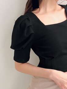 FRIFUL Camiseta Feminina Com Mangas Bufantes, Gola Redonda E Laço Nas Costas, Cor Sólida - Preto - Ver 4