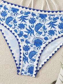 Swim Lushoire 夏季海灘印花無肩帶比基尼泳衣套裝 - 藍白色 - 查看 5