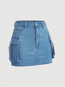 SHEIN PETITE Women's Casual Denim Mini Skirt With Pockets - Blue - View 5