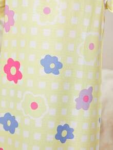 年輕少女可愛的方格紋短袖睡衣連花印圓領設計 - 黃色 - 查看 4
