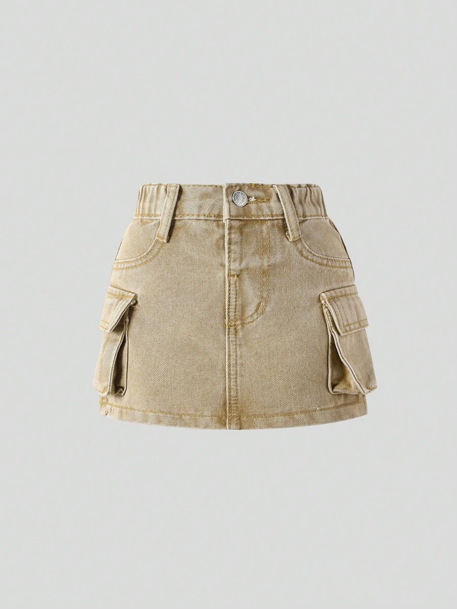 SHEIN Young Girl Casual Loose Simple Multi-Pocket Denim Skirt