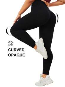 Easithlete 大碼素色寬腰帶運動打底褲 - 黑色 - 查看 6