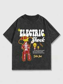 ROMWE MEN Street Life Men's Acid-Washed Short Sleeve T-Shirt With Slogan, Suitable For Spring And Summer Daily Wear - Black - View 1