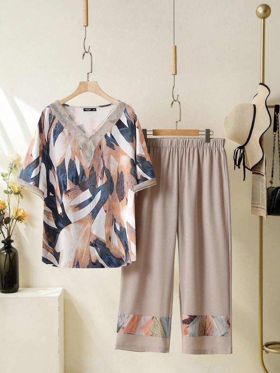 EMERY ROSE 大尺碼女士夏季植物印花v領短袖上衣和褲子套裝,適合休閒寬鬆穿著 - 彩色 - 查看 1