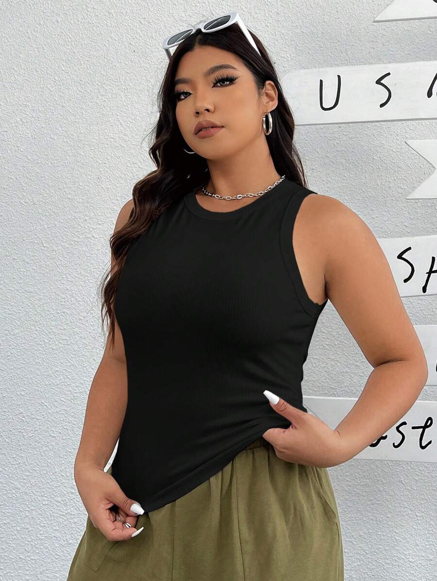 SHEIN EZwear 女士加大尺碼高彈性針織純色夏季背心上衣 - 黑色 - 查看 1