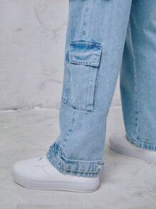 SHEIN Túi nắp bên cạnh Quần jean chở hàng - Rửa nhẹ - Xem 5