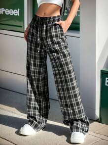 SHEIN EZwear 女式格子抽绳阔腿裤 - 黑色 - 查看 7