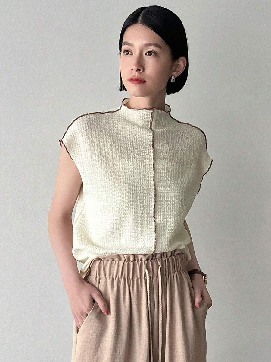FRIFUL 女士夏季彩色拼接短袖t恤,捲邊設計 - 杏色 - 查看 1