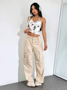 SHEIN EZwear Top De Halter Con Pliegues Con Estampado Tie Dye, Espalda Abierta Y Escote De Amarre