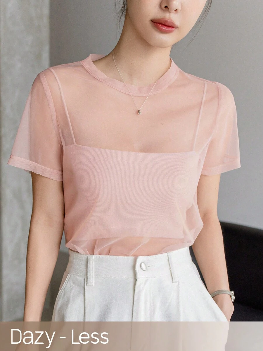DAZY 女式夏季圆领网眼短袖透明上衣,返校服装 - 粉色 - 查看 1