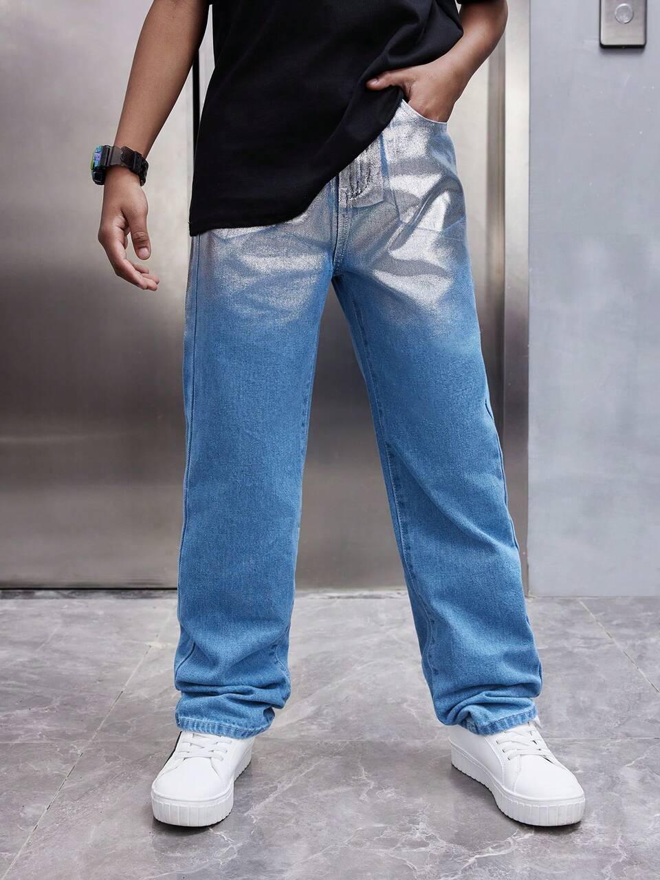 Tween Boy Metallic Casual Fashionable Washed Denim Jeans
