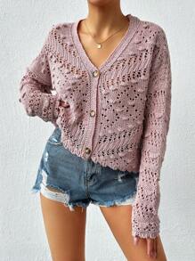 EURMUSE Gilet Tricoté D'été Pour Femme, Élégant, Avec Un Décolleté En V Et Des Évidements - Rose bonbon - Voir 3