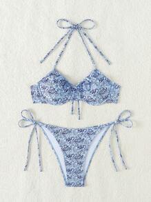 SHEIN Swim Women's Halter Floral Print Bikini Set For Holiday, With Neck Tie And Separated Bottom Summer