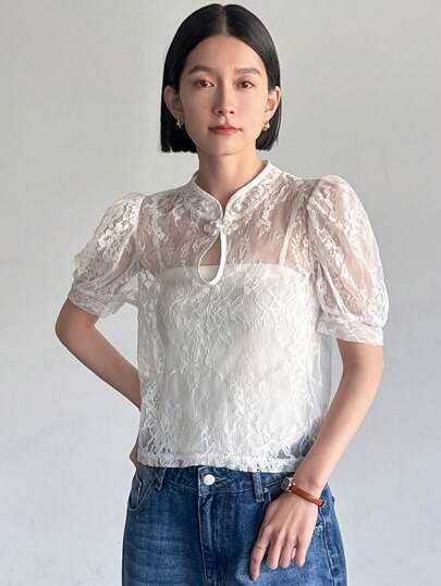 FRIFUL 女式纯色蕾丝短袖夏季透明衬衫