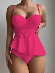 SHEIN Swim 夏季海灘女士純色紋理背心和三角褲泳裝套裝 - 粉色 - 查看 1