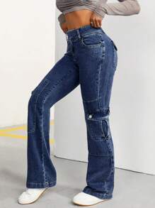 SHEIN ICON Jeans Acampanados De Carga Casuales Con Bolsillo De Solapa Para Verano - Azul lavado oscuro - Ver 4
