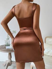 Allurite 方領拼接褶皺雙件套裝 - 咖啡棕 - 查看 2