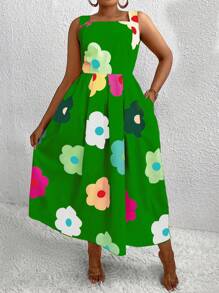 Maweii 夏季花卉印花大尺碼方領無袖連衣裙 - 彩色 - 查看 5