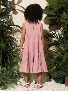 SHEIN 年輕女孩鬆身設計的休閒氣質，荷葉邊露肩無袖層次性假日連衣裙 - 粉色 - 查看 2