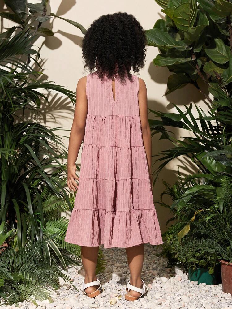 Young Girl Loose Fit Casual Ruffled Off-Shoulder Sleeveless Layered Vacation Dress