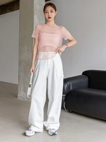 DAZY 女式夏季圆领网眼短袖透明上衣，返校服装 - 粉色 - 查看 2