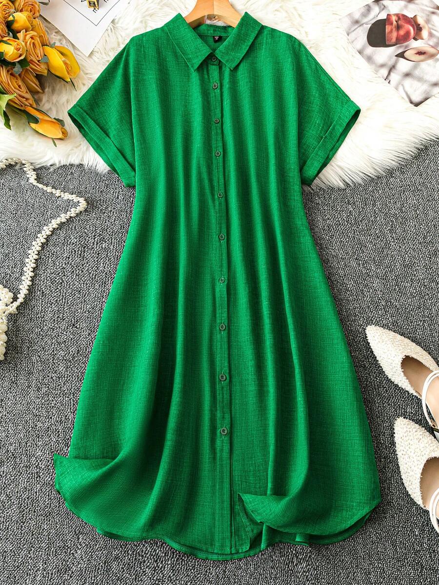 SHEIN LUNE CURVE Plus Size Women's Solid Color Short Sleeve Shirt Dress, Women Outfit - Green - View 1