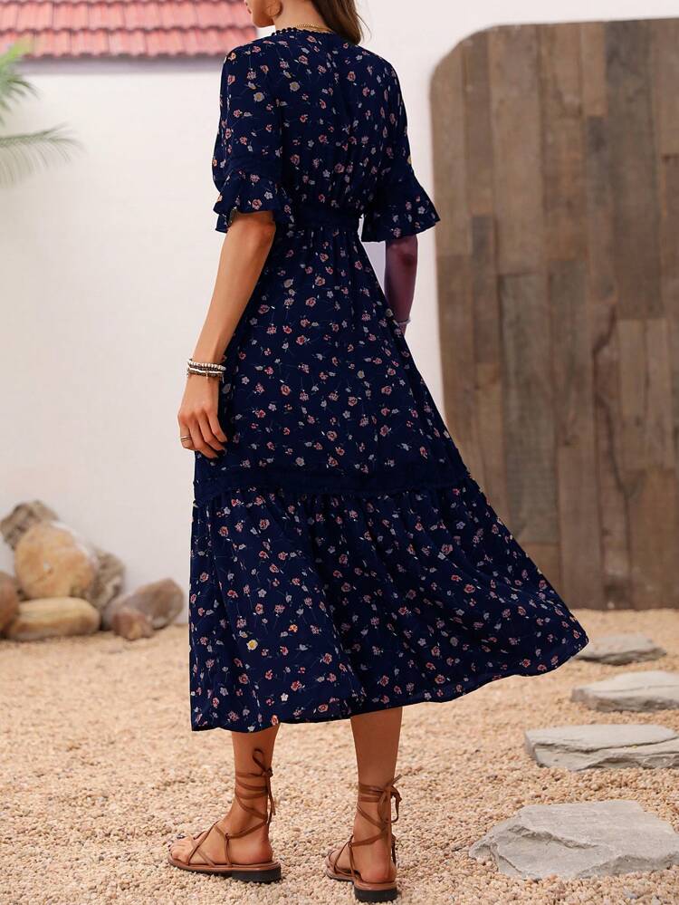 Summer Casual V-Neck Floral Printed Empire Waist Dress