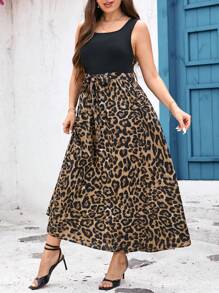 SHEIN Clasi Vestidos de verano para mujer de talla grande con estampado de leopardo y línea A sin mangas